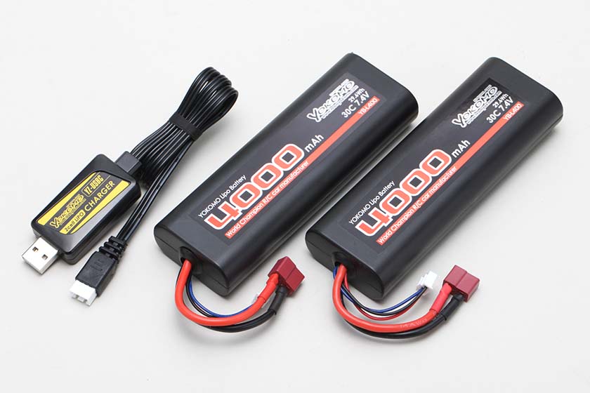 ヨコモ YZ-UCL400T-2　LiPoバッテリー 7.4V 4000mAh T型プラグ仕様x2本 USB充電器セット(限定販